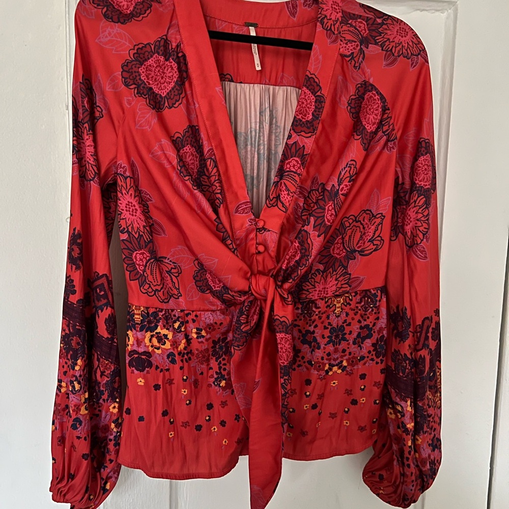 Free People Floral Red Tie Front Top